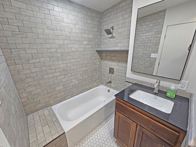 10138 S Peony Way, Sandy, UT 84094 - bathroom featuring tile walls, vanity, and bathing tub / shower combination
