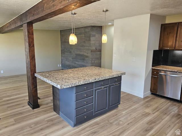10138 S Peony Way, Sandy, UT 84094 - kitchen featuring dishwasher, a textured ceiling, light wood-style floors, hanging light fixtures, and a kitchen island