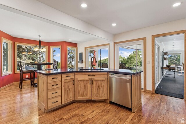 4714 S Idlewild Rd, Millcreek, UT 84124 - kitchen with dishwasher, dark countertops, light wood-style flooring, and recessed lighting