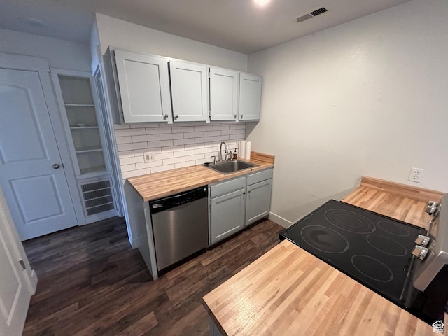 88 W 50 S Unit Q6, Centerville, UT 84014 - kitchen with stainless steel dishwasher, electric range oven, wooden counters, tasteful backsplash, and dark wood finished floors
