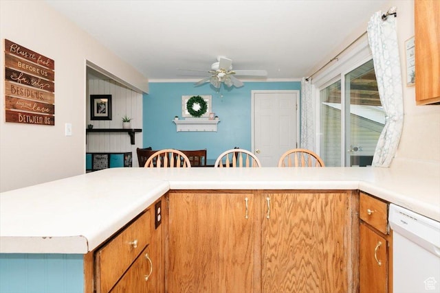 623 W 1635 N, Clinton, UT 84015 - kitchen with white dishwasher, a ceiling fan, light countertops, and brown cabinetry