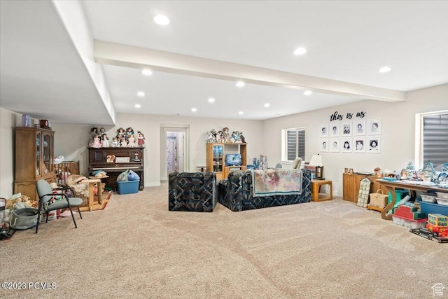 160 S 80 E, Midway, UT 84049 - living room featuring carpet, beam ceiling, and recessed lighting