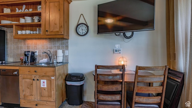 1456 W Newpark Blvd Unit 213, Park City, UT 84098 - kitchen with stainless steel dishwasher, backsplash, dark stone counters, open shelves, and brown cabinetry