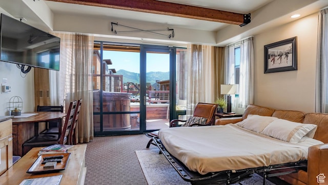 1456 W Newpark Blvd Unit 213, Park City, UT 84098 - bedroom featuring access to outside, a mountain view, carpet floors, and beamed ceiling
