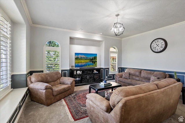 1964 N 2000 E, Layton, UT 84040 - living room featuring carpet floors, ornamental molding, plenty of natural light, a chandelier, and wainscoting