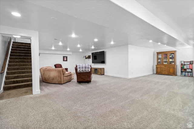 216 E 1370 S, Nephi, UT 84648 - living room featuring light carpet, recessed lighting, and stairway