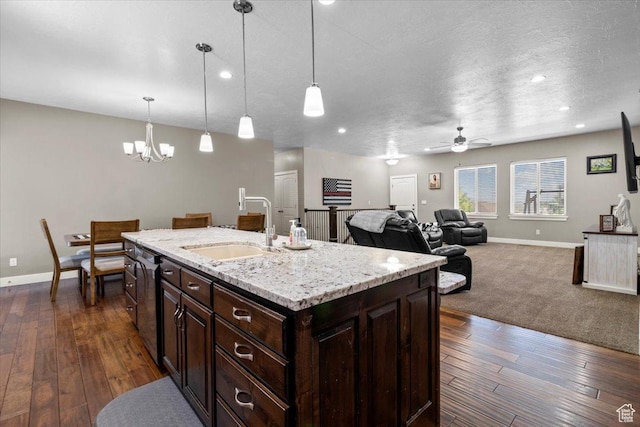 216 E 1370 S, Nephi, UT 84648 - kitchen with a ceiling fan, a chandelier, dark brown cabinets, dark wood-style flooring, and recessed lighting
