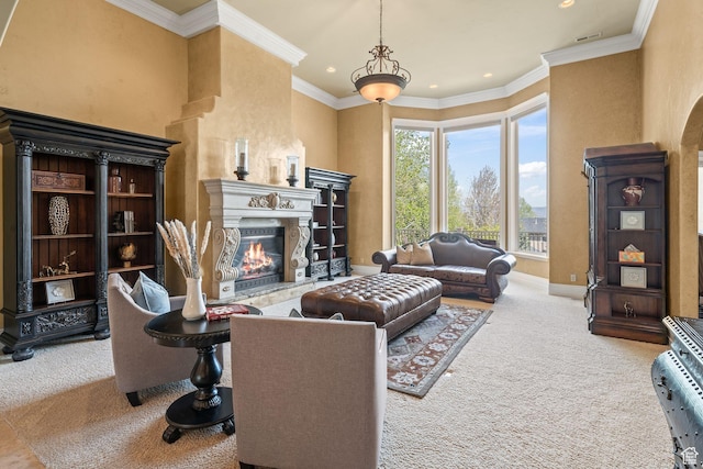 364 N Tanner Ln, Midway, UT 84049 - living area with carpet flooring, a fireplace, crown molding, recessed lighting, and arched walkways