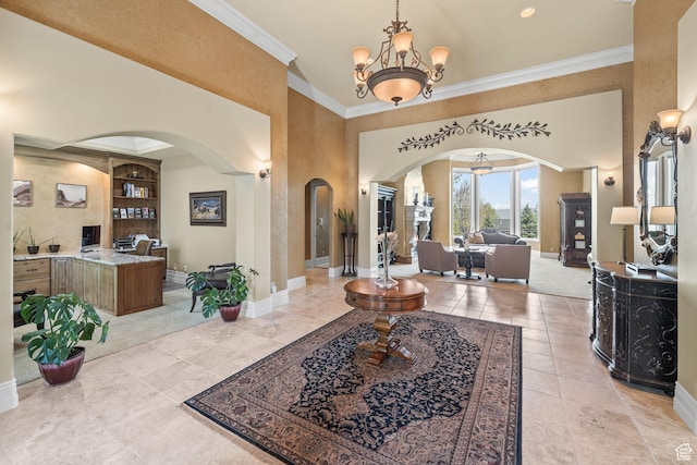 364 N Tanner Ln, Midway, UT 84049 - foyer entrance with arched walkways, ornamental molding, a chandelier, and light tile patterned floors