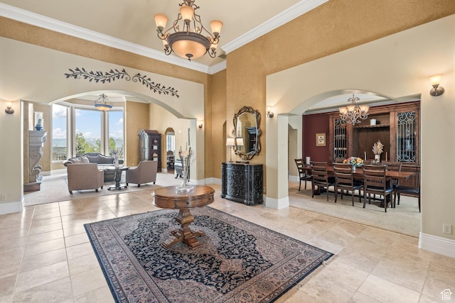364 N Tanner Ln, Midway, UT 84049 - tiled foyer entrance with a chandelier, arched walkways, and crown molding