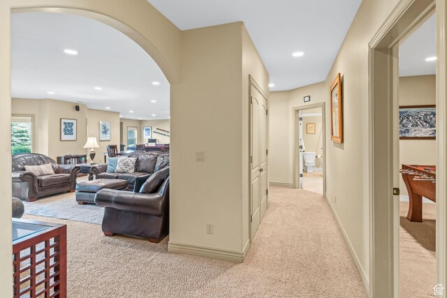 364 N Tanner Ln, Midway, UT 84049 - hallway featuring carpet flooring, arched walkways, and recessed lighting