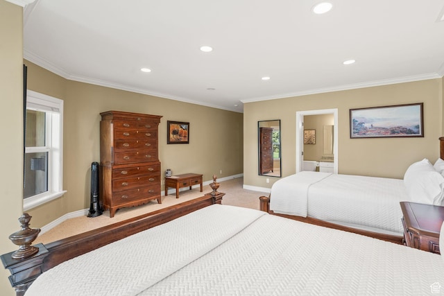 364 N Tanner Ln, Midway, UT 84049 - bedroom featuring ornamental molding, light colored carpet, recessed lighting, and ensuite bath
