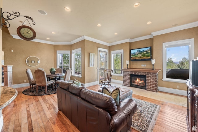 364 N Tanner Ln, Midway, UT 84049 - living room with light wood-type flooring, plenty of natural light, a fireplace, recessed lighting, and ornamental molding