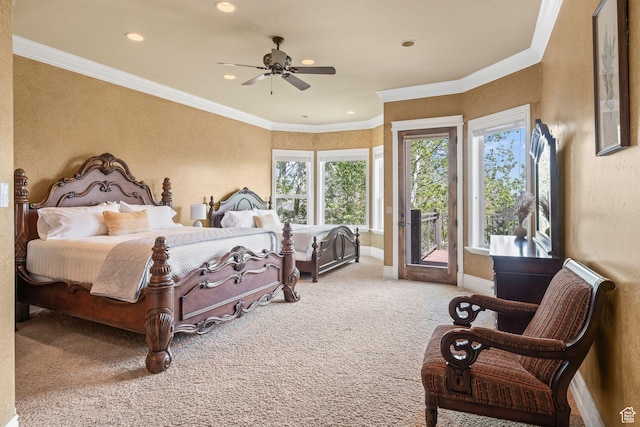 364 N Tanner Ln, Midway, UT 84049 - bedroom featuring access to outside, carpet flooring, recessed lighting, crown molding, and a ceiling fan