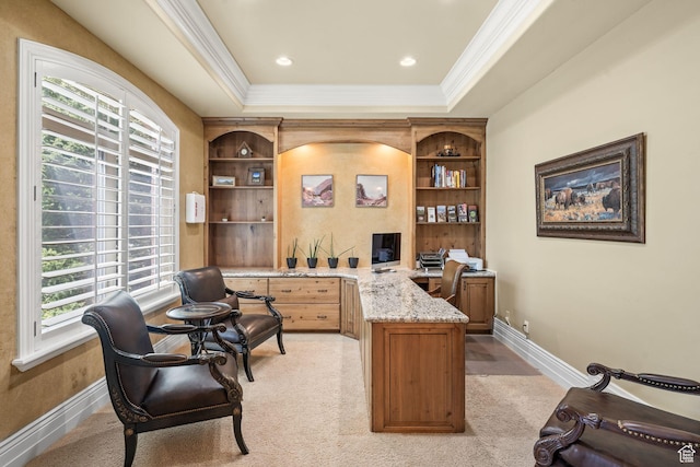 364 N Tanner Ln, Midway, UT 84049 - office space with crown molding, healthy amount of natural light, a tray ceiling, built in shelves, and light colored carpet