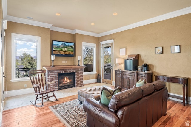 364 N Tanner Ln, Midway, UT 84049 - living area featuring light wood-style floors, a fireplace, ornamental molding, and recessed lighting