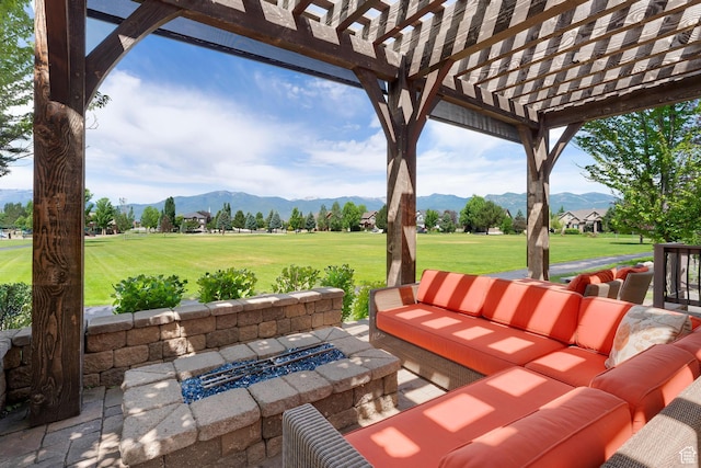 916 Ledgestone Ln, Heber City, UT 84032 - view of patio / terrace with an outdoor living space with a fire pit, a mountain view, a pergola, and view of golf course