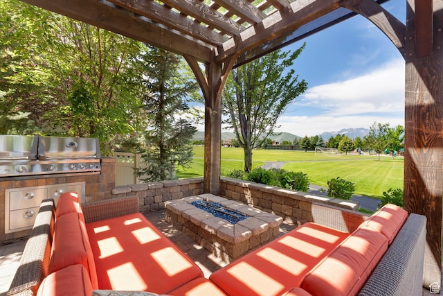 916 Ledgestone Ln, Heber City, UT 84032 - view of patio / terrace featuring a mountain view, a fire pit, a pergola, and area for grilling