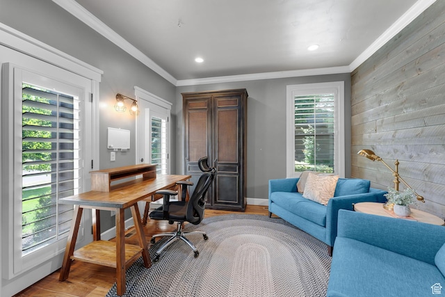 916 Ledgestone Ln, Heber City, UT 84032 - office with crown molding, wood walls, recessed lighting, and light wood-style floors