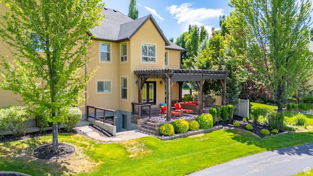 916 Ledgestone Ln, Heber City, UT 84032 - rear view of house featuring a pergola, stucco siding, a patio, a lawn, and a shingled roof