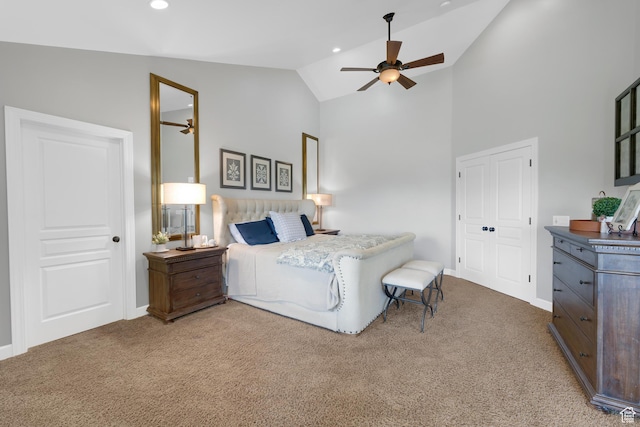 916 Ledgestone Ln, Heber City, UT 84032 - carpeted bedroom with vaulted ceiling, recessed lighting, and ceiling fan