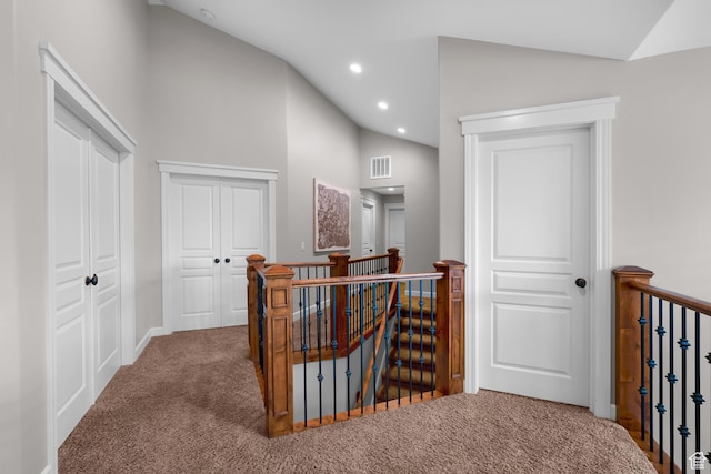 916 Ledgestone Ln, Heber City, UT 84032 - corridor featuring an upstairs landing, carpet floors, recessed lighting, and high vaulted ceiling