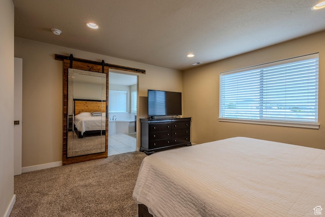 1107 W Coyote Gulch Way, Bluffdale, UT 84065 - carpeted bedroom with a barn door and recessed lighting