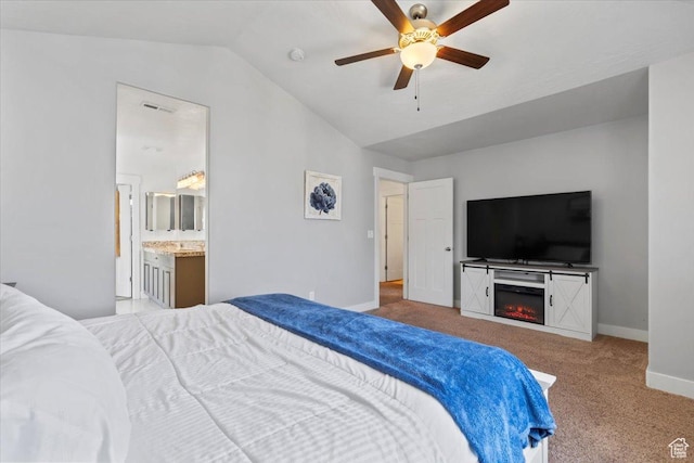 64 W 470 N, Vineyard, UT 84059 - carpeted bedroom featuring lofted ceiling, a glass covered fireplace, ceiling fan, and ensuite bathroom