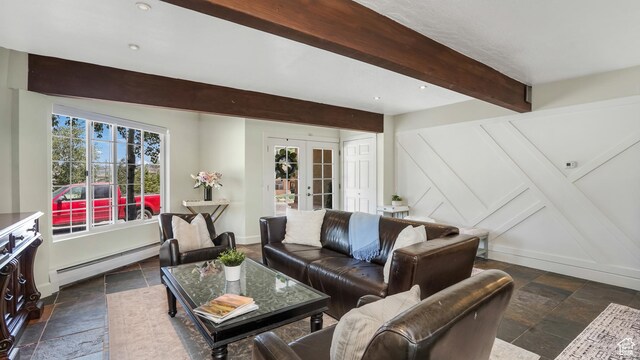 6195 Highland Dr, Park City, UT 84098 - living room with stone tile flooring, beam ceiling, a baseboard radiator, and french doors
