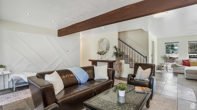 6195 Highland Dr, Park City, UT 84098 - living room with stairway, beamed ceiling, stone tile flooring, and recessed lighting