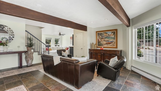 6195 Highland Dr, Park City, UT 84098 - living area with a baseboard radiator, beamed ceiling, stairs, stone tile flooring, and ceiling fan