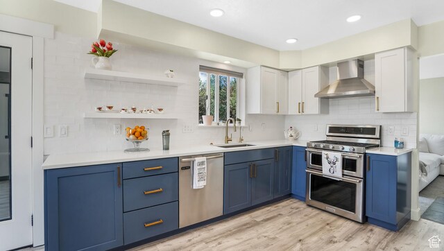 6195 Highland Dr, Park City, UT 84098 - kitchen with wall chimney exhaust hood, appliances with stainless steel finishes, blue cabinetry, light wood-style flooring, and light countertops