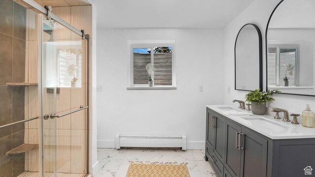 6195 Highland Dr, Park City, UT 84098 - bathroom featuring a baseboard heating unit, marble look tile flooring, double vanity, and a stall shower