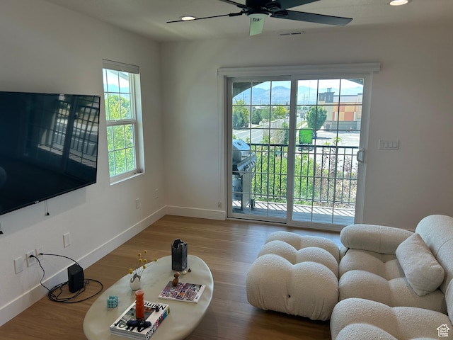 164 E Spencer Peak Way S Unit A11, Draper, UT 84020 - living room featuring ceiling fan, wood finished floors, and recessed lighting