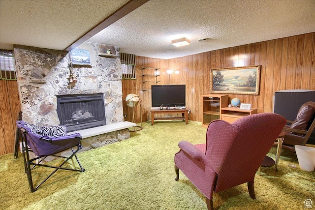 1184 16th St Unit B, Ogden, UT 84404 - carpeted living room with a textured ceiling, a stone fireplace, and wood walls