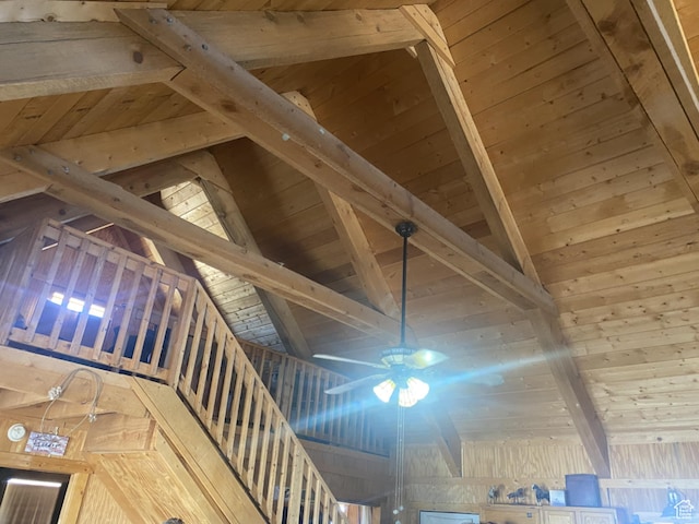 9835 S Big Buck E, Duchesne, UT 84021 - detailed view of a wooden ceiling with exposed beams and a ceiling fan