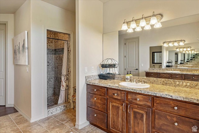 1487 E Deer Ridge Dr, Draper, UT 84020 - full bathroom featuring a stall shower, vanity, and tile patterned flooring