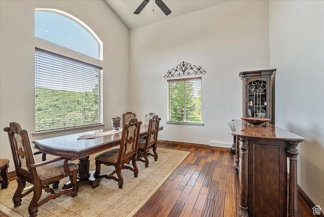 1487 E Deer Ridge Dr, Draper, UT 84020 - dining space with ceiling fan, wood-type flooring, and high vaulted ceiling
