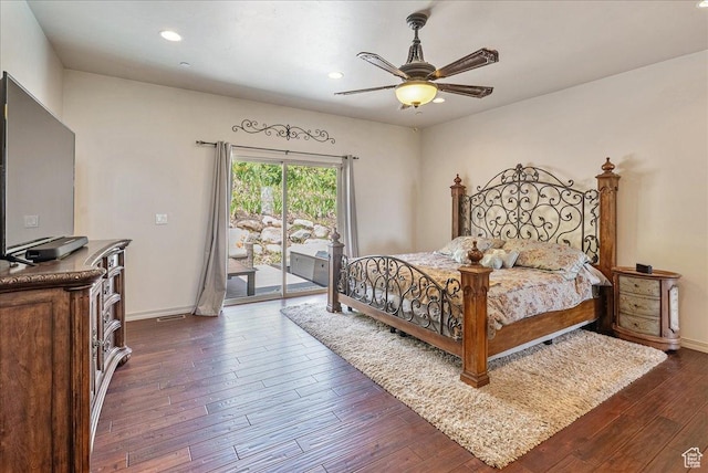 1487 E Deer Ridge Dr, Draper, UT 84020 - bedroom featuring access to outside, dark wood-style flooring, recessed lighting, and a ceiling fan