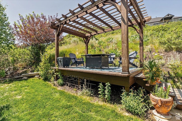 1487 E Deer Ridge Dr, Draper, UT 84020 - view of green lawn with a wooden deck and a pergola