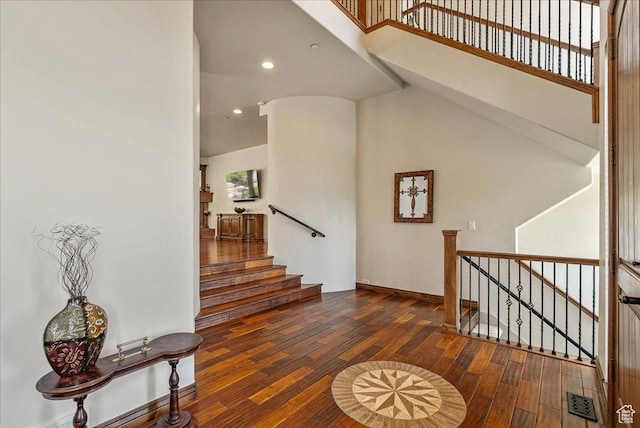 1487 E Deer Ridge Dr, Draper, UT 84020 - stairs featuring wood-type flooring, recessed lighting, and a high ceiling
