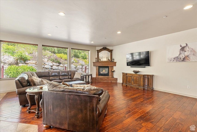 1487 E Deer Ridge Dr, Draper, UT 84020 - living room featuring wood finished floors, a glass covered fireplace, and recessed lighting