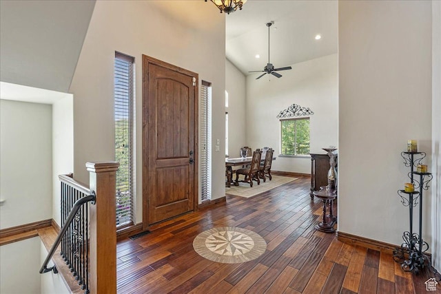 1487 E Deer Ridge Dr, Draper, UT 84020 - entryway with hardwood / wood-style flooring, high vaulted ceiling, ceiling fan, and recessed lighting