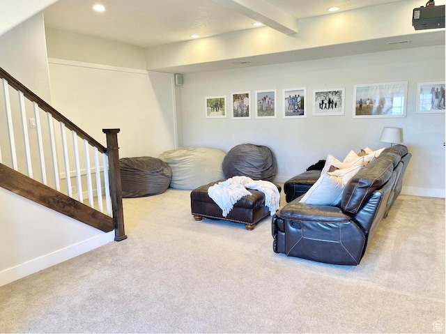 14312 S Herriman View Way, Herriman, UT 84096 - living area featuring carpet flooring, beamed ceiling, recessed lighting, and stairway