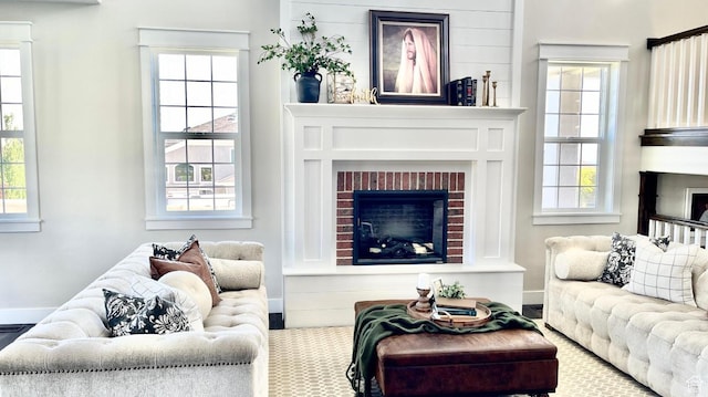 14312 S Herriman View Way, Herriman, UT 84096 - living area with a brick fireplace and healthy amount of natural light