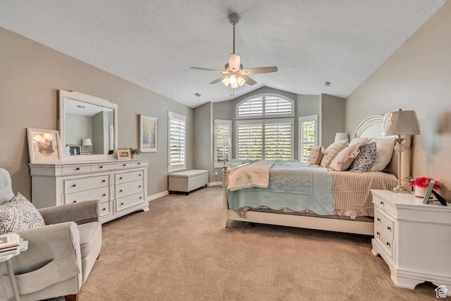 3065 W Current Creek Dr, South Jordan, UT 84095 - bedroom featuring vaulted ceiling, light colored carpet, and a ceiling fan