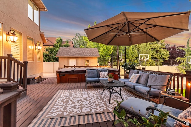3065 W Current Creek Dr, South Jordan, UT 84095 - wooden deck with a hot tub and outdoor lounge area
