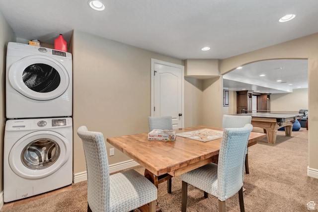 3065 W Current Creek Dr, South Jordan, UT 84095 - dining area featuring stacked washer and clothes dryer, recessed lighting, light colored carpet, and billiards table