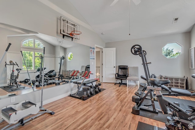 3065 W Current Creek Dr, South Jordan, UT 84095 - workout area with vaulted ceiling, wood finished floors, and ceiling fan