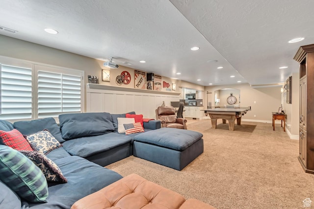 3065 W Current Creek Dr, South Jordan, UT 84095 - living area featuring light colored carpet, recessed lighting, a textured ceiling, and billiards table